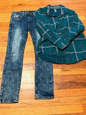 2 Piece Boys - CR-24 Stone Washed Distressed Jeans & Plaid Button up SIZE 14